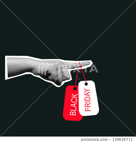 Human hand showing labels with Black Friday text on a colored background. Collage art of Black Friday Sale 130636711