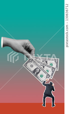 Businessman is afraid of human hands that give him money on a colored background. Collage art of bribe 130636712