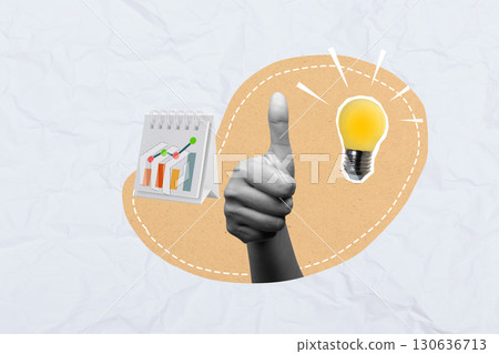 Human hand with thumb up gesture showing a lit lightbulb and a graph line on a colored background. Collage art of a Business idea Human hand with thumb up gesture showing a lit lightbulb and a graph line on a colored background. Collage art of a Business idea 130636713