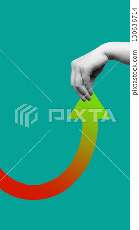 Human hand holding an upward arrow on a colored background. Collage art of business and finance 130636714