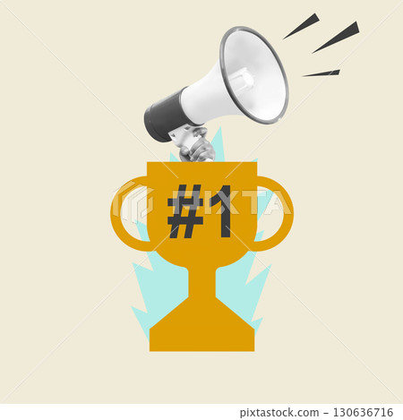 Human hands holding a megaphone from the trophy for cheers to celebrate an achievement on a colored background. Collage art of Congratulations Human hands holding a megaphone from the trophy for cheers to celebrate an achievement on a colored background. Collage art of Congratulations 130636716