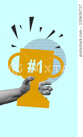 Human hands holding the trophy for cheers to celebrate an achievement on a colored background. Collage art of Congratulations Human hands holding the trophy for cheers to celebrate an achievement on a colored background. Collage art of Congratulations 130636717