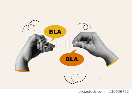 Human hands with a hand talking gesture and a speech bubble on a colored background. Collage art of dialogue 130636722