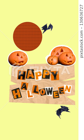 Jack-o'-Lantern or Halloween pumpkin with text of Happy Halloween and flying bats on a colored background. Collage art of Halloween Jack-o'-Lantern or Halloween pumpkin with text of Happy Halloween and flying bats on a colored background. Collage art of Halloween 130636727
