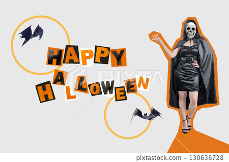 Black witch with skull head showing text of Happy Halloween with flying bats on a colored background. Collage art of Halloween 130636728