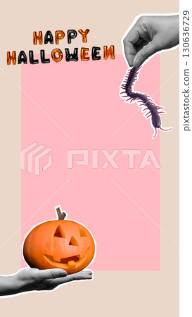 Human hand showing a Jack-o'-Lantern or Halloween pumpkin and centipede with text of Happy Halloween on a colored background. Copy space. Collage art of Halloween 130636729