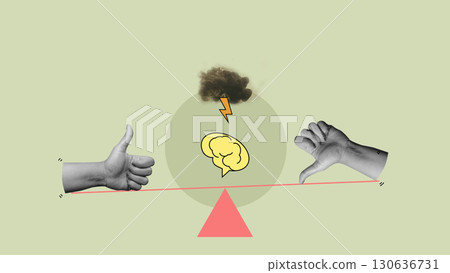 Human brain with thunderstorm cloud between thumb up and down gesture. Collage art of mental health 130636731