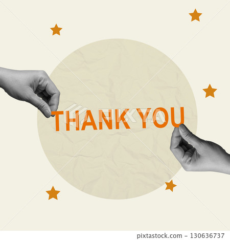 Human hand showing the text of Thank You on a colored background. Collage art of a thank you message 130636737