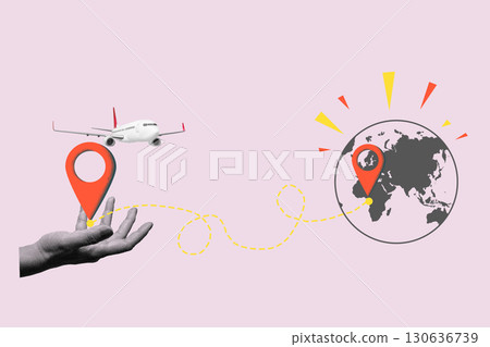 Human hand showing a location pin with a world map and a flying commercial airplane on a colored background. Collage art of traveling 130636739