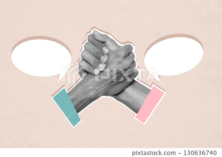 Two human hands with shaking hands gesture and speech bubble on a colored background. Copy space. Collage art of greeting for an invitation, greeting, or acceptance 130636740