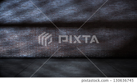 Light beam shines across the interior of the room with red brick walls and a concrete floor. Mockup, copy space, or template. Empty backdrop podium for product or text display Light beam shines across the interior of the room with red brick walls and a concrete floor. Mockup, copy space, or template. Empty backdrop podium for product or text display 130636745