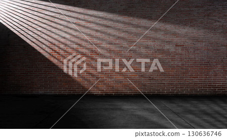 Striking light beam shines across the interior of the room with red brick walls and a concrete floor. Mockup, copy space, or template. Empty backdrop podium for product or text display Striking light beam shines across the interior of the room with red brick walls and a concrete floor. Mockup, copy space, or template. Empty backdrop podium for product or text display 130636746