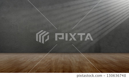 Striking light beam shines across the interior of the room with concrete walls and a wooden floor. Mockup, copy space, or template. Empty backdrop podium for product or text display Striking light beam shines across the interior of the room with concrete walls and a wooden floor. Mockup, copy space, or template. Empty backdrop podium for product or text display 130636748
