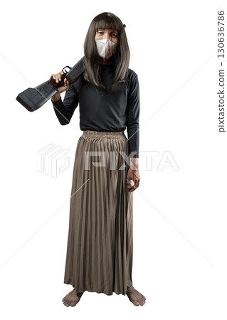 Indonesian southeast asian transgender man dressed as a woman wearing a bloody face mask and holding a shotgun isolated over a white background. Concept of Halloween, Sister Hong, or red uncle Indonesian southeast asian transgender man dressed as a woman wearing a bloody face mask and holding a shotgun isolated over a white background. Concept of Halloween, Sister Hong, or red uncle 130636786