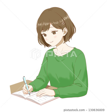 Illustration of a girl writing a diary on a transparent background 130636809
