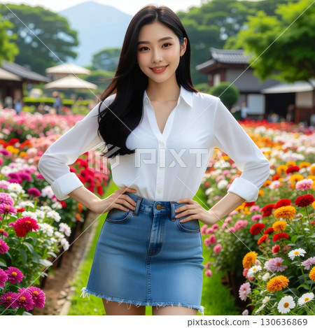 我們生成了模特兒在色彩繽紛的花田中微笑清爽的場景。 130636869