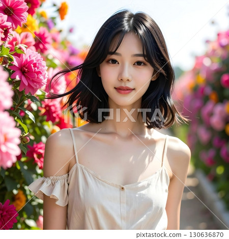一位面帶溫柔微笑、被盛開的花朵包圍的女子的肖像 130636870