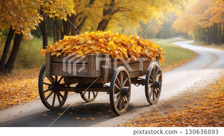 Wooden Wagon Filled with Colorful Autumn Leaves on a Quiet Country Road Surrounded by Fall Trees in Warm Sunshine Wooden Wagon Filled with Colorful Autumn Leaves on a Quiet Country Road Surrounded by Fall Trees in Warm Sunshine 130636893