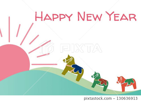 Happy New Year New Year's card featuring the first sunrise of the year and the Dala Horse procession Happy New Year New Year's card featuring the first sunrise of the year and the Dala Horse procession 130636913
