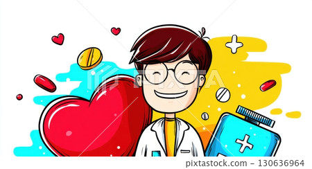 Cartoon Doctor smiling with medical icons heart, pills, and medicine bottle on white background Cartoon Doctor smiling with medical icons heart, pills, and medicine bottle on white background 130636964