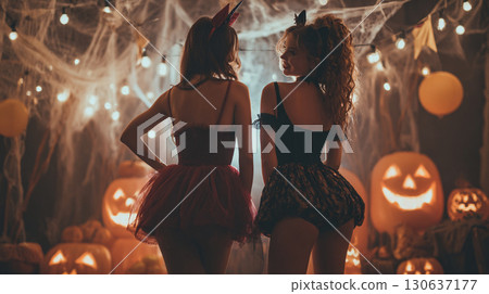 Adult Halloween Party Female Silhouette Illustration Style Photo 130637177