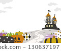 A Halloween frame with colorful pumpkins, a haunted house, and dead leaves, resembling the cover of a cute picture book. 130637197