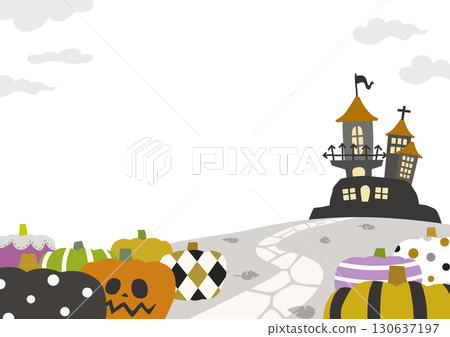 萬聖節相框，色彩繽紛的南瓜、鬼屋、枯葉，像一本可愛的圖畫書的封面。 130637197