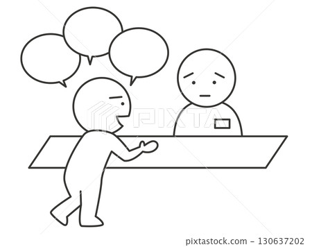 一位顧客持續騷擾店員的插圖。簡單的簡筆畫向量插圖，表示顧客騷擾。 130637202