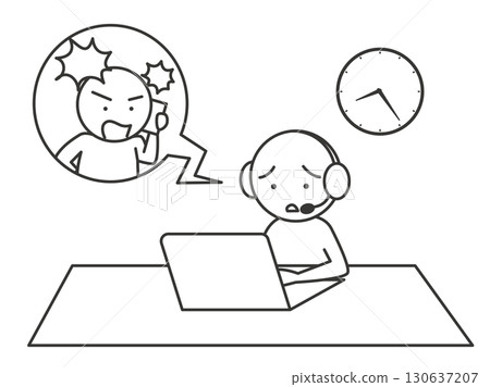 一位顧客在電話裡長時間抱怨的插圖。簡單的線條畫向量素材，代表顧客騷擾 130637207