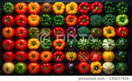 Colorful Fresh Vegetables Display Black Containers Colorful Fresh Vegetables Display Black Containers 130637406