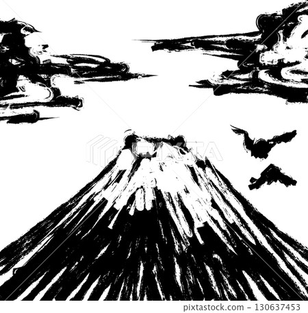 A brush and ink painting of mountains, clouds, and birds 130637453