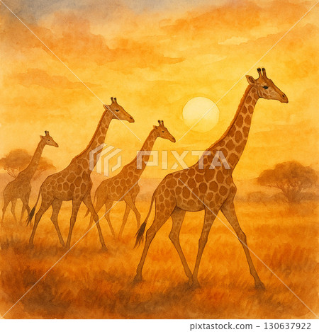 非洲草原日落下的長頸鹿群插畫 水彩風景野生動物插圖 130637922
