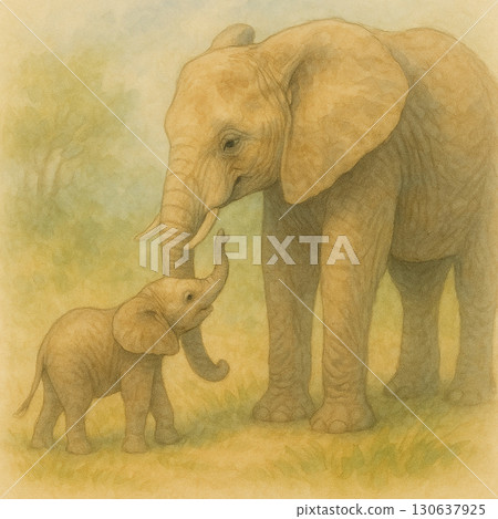 草原上的大象母子 | 充滿同情心與溫暖的野生動物系列水彩畫 130637925