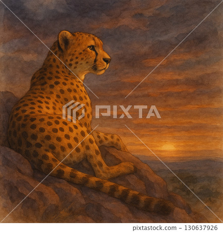 夕陽下的獵豹身影 坐在岩石上的野生動物插畫 130637926