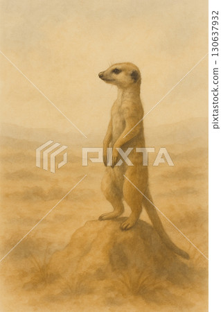 非洲狐獴站立遠眺水彩插畫 130637932
