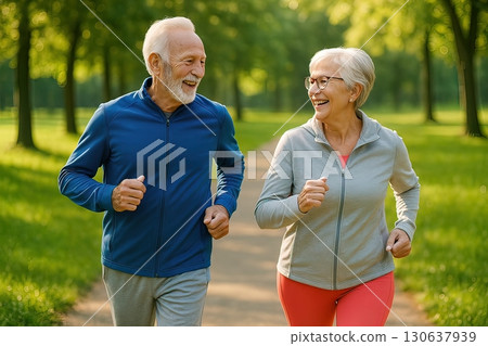 An elderly couple jogging together in a park, smiling and enjoying a sunny morning. Generated AI. 130637939