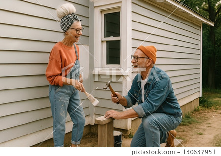 An elderly couple joyfully working on a home improvement project outside, painting and hammering together. Generated AI. 130637951