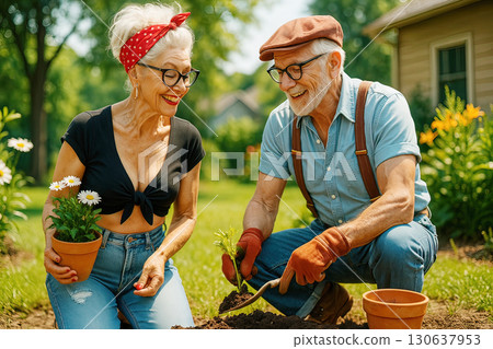 An elderly couple happily gardening together in their sunny backyard, planting flowers and enjoying the outdoors. Generated AI. 130637953