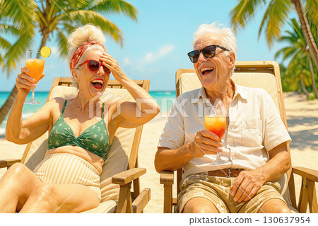 An elderly couple laughs joyfully while relaxing with tropical drinks on a sunny beach surrounded by palm trees. Generated AI. 130637954