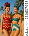 Two women in vintage-style swimsuits and headbands pose cheerfully on a tropical beach. Generated AI. 130637958