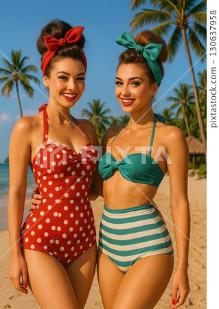 Two women in vintage-style swimsuits and headbands pose cheerfully on a tropical beach. Generated AI. 130637958