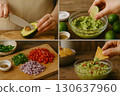 A four-panel collage shows the step-by-step preparation of fresh guacamole with lime, avocado, vegetables, and tortilla chips. Generated AI. 130637960