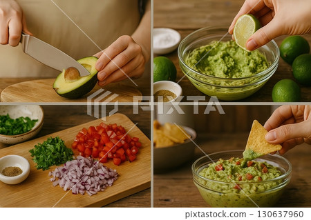 A four-panel collage shows the step-by-step preparation of fresh guacamole with lime, avocado, vegetables, and tortilla chips. Generated AI. 130637960