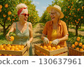 Two elderly women joyfully harvesting oranges in a sunny orchard, filling wooden crates with ripe fruit. Generated AI. 130637961