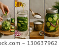 A four-panel collage showing the step-by-step process of making homemade cucumber pickles in a jar. Generated AI. 130637962