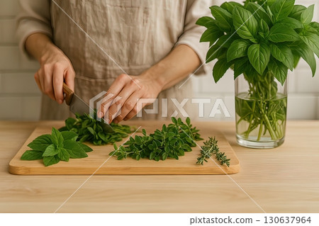 A person chopping fresh herbs on a wooden board with a basil bouquet in a glass nearby. Generated AI. 130637964