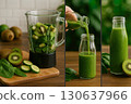 A three-panel collage showing kiwi and spinach being blended into a green smoothie and poured into a bottle. Generated AI. 130637966
