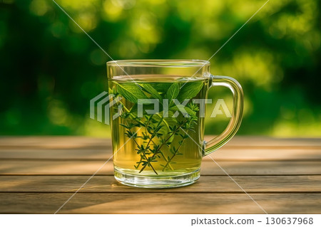 A clear glass mug filled with herbal tea infused with fresh mint and thyme on a wooden table outdoors. Generated AI. 130637968