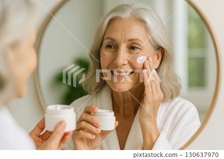 An elderly woman smiles while applying face cream in front of a round bathroom mirror. Generated AI. 130637970