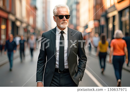 An older man in a sharp black suit and sunglasses confidently walks through a busy city street. Generated AI. 130637971